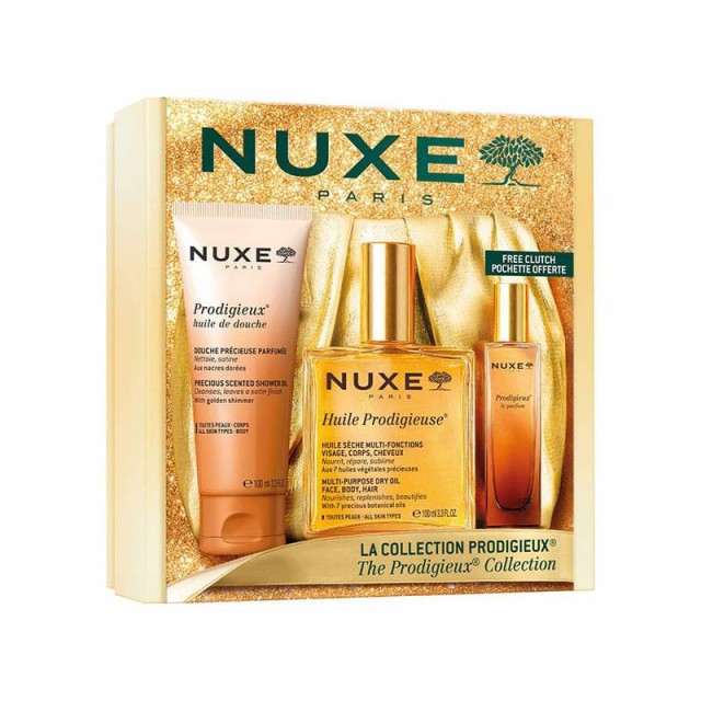 Nuxe Promo The Prodigeux Collection με Huile Prodigieuse Ενυδατικό Λάδι για Πρόσωπο Σώμα & Μαλλιά, 100ml & Prodigieux Huile de Douche, 100ml & Δώρο Prodigieux Le Parfum, 15ml, & Χρυσό Νεσεσέρ