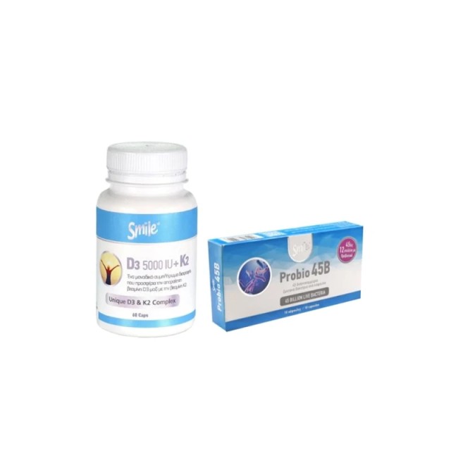 AM Health Promo Smile Συμπλήρωμα Διατροφής D3 5000IU + K2 60 κάψουλες & Probio 45B Προβιοτικά 10 κάψουλες