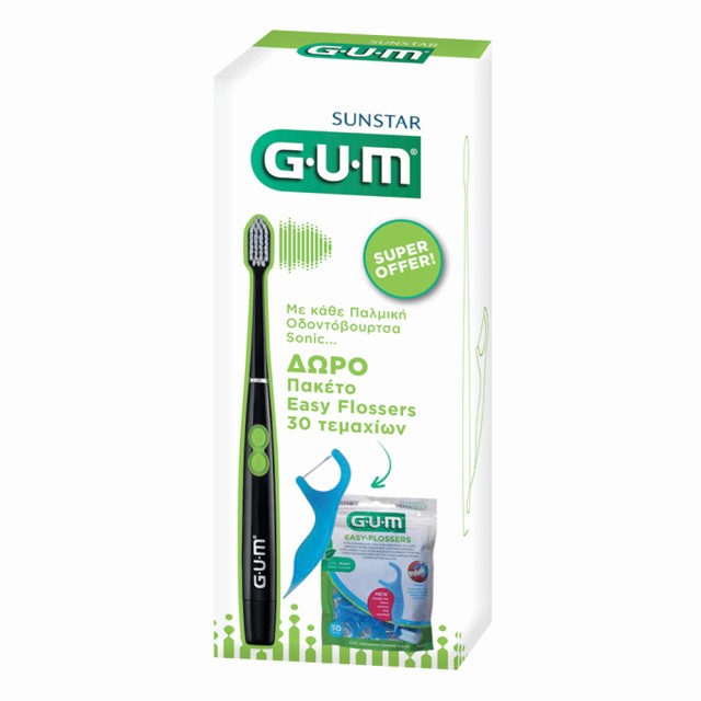 Gum Promo Sonic Daily Soft 4100 Ηλεκτρική Οδοντόβουρτσα Μπαταρίας σε Μαύρο Χρώμα & Μεσοδόντια Easy Flossers 30τμχ