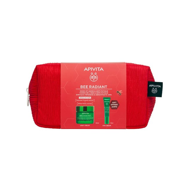 Apivita Bee Radiant Promo Pack με Κρέμα Ελαφριάς Υφής για Σημάδια Γήρανσης & Ξεκούραστη Όψη, 50ml & Δώρο Κρέμα Ματιών για Σημάδια Γήρανσης & Ξεκούραστη Όψη, 15ml & Νεσεσέρ, 1σετ