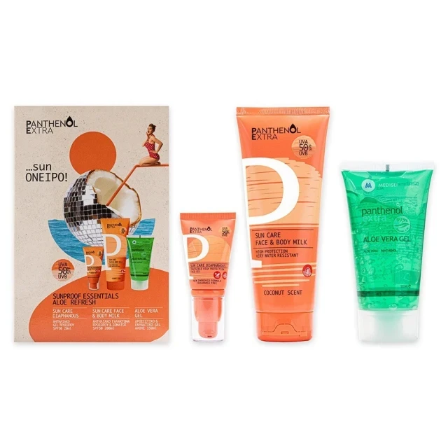 Panthenol Extra Promo Sun Care Diaphanous SPF 50 Αντηλιακό Προσώπου, 20ml, Face & Body Milk SPF 50 Αντηλιακό Γαλάκτωμα Προσώπου & Σώματος, 200ml & Aloe Vera Gel Ενυδατικό Gel Αλόης, 150ml, 1σετ