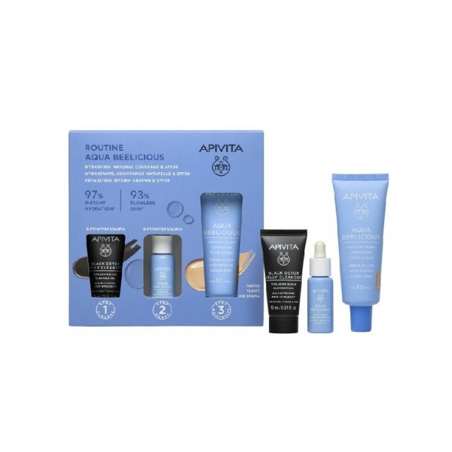 Apivita Promo Aqua Beelicious Hydrating Fluid Cream Tinted SPF30 Ενυδατική Κρέμα Προσώπου Ελαφριάς Υφής με Χρώμα 40ml + Booster 10ml & Black Cleansing Gel 15ml