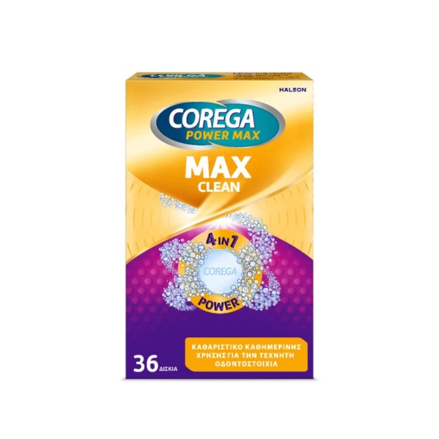 Corega Max Clean Καθαριστικά Δισκία για Τεχνητές Οδοντοστοιχίες με Περισσότερο Ενεργό Οξυγόνο 36 Δισκία