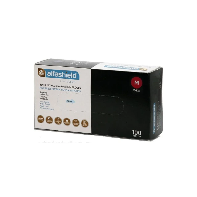 Karabinis Medical Alfashield Alfa Gloves Γάντια Νιτριλίου Χωρίς Πούδρα σε Μαύρο Χρώμα, Μέγεθος Medium 100τμχ