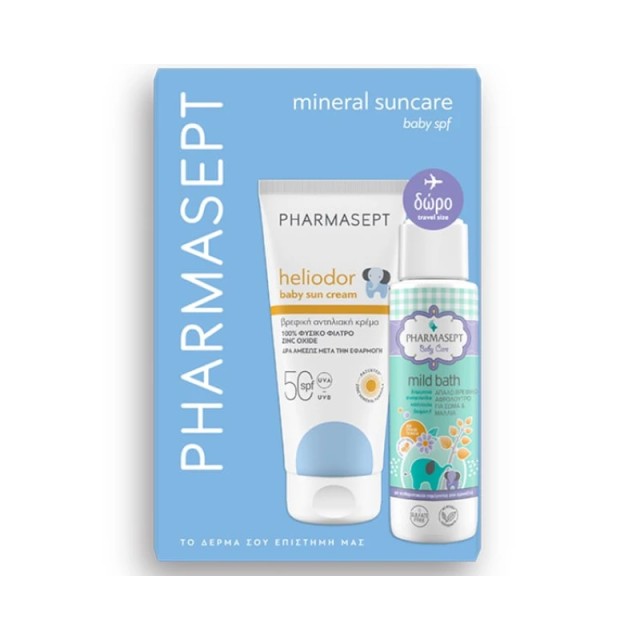 Pharmasept Promo Heliodor Sun Cream Βρεφικό Αντηλιακό SPF50, 100ml & Δώρο Travel Size Baby Care Mild Bath Απαλό Βρεφικό Αφρόλουτρο για Σώµα & Μαλλιά, 100ml