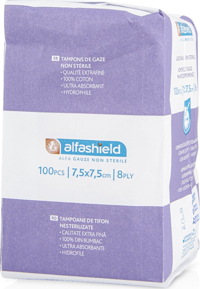 Alfashield Μη Αποστειρωμένες Γάζες 8 Στρώσεων 7.5x7.5cm, 100τμχ