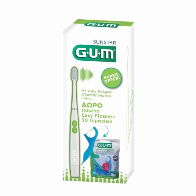 Gum Promo Sonic Daily Soft 4100 Ηλεκτρική Οδοντόβουρτσα Μπαταρίας σε Λευκό Χρώμα & Μεσοδόντια Easy Flossers 30τμχ
